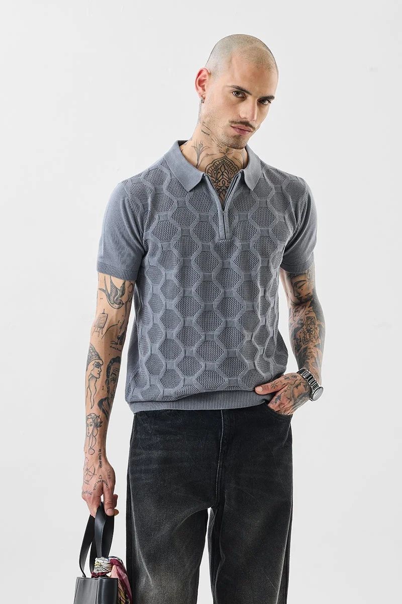 SNITCH Slim Fit Cotton Knitted Grey Polo T-Shirt